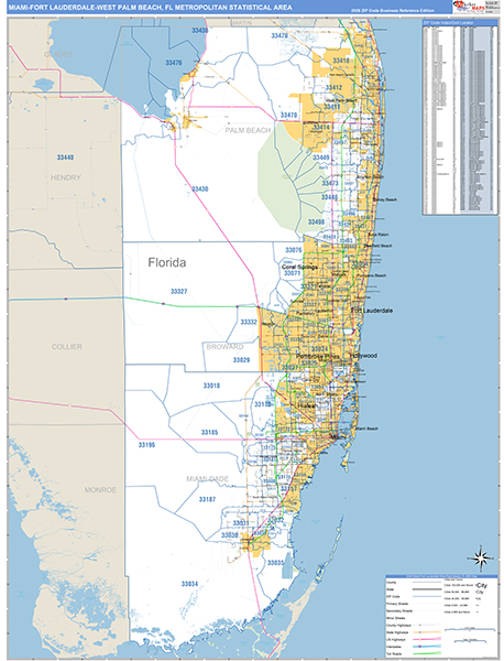 Miami-Fort Lauderdale-West Palm Beach Metro Area Wall Map